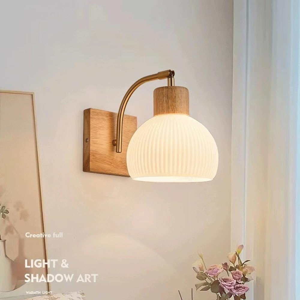 Nordic Wood Milk‑Glass Globe Wall Sconce