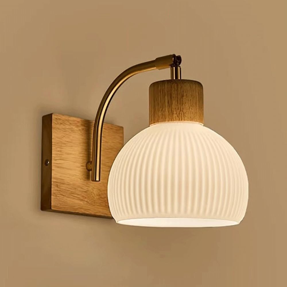Nordic Wood Milk‑Glass Globe Wall Sconce