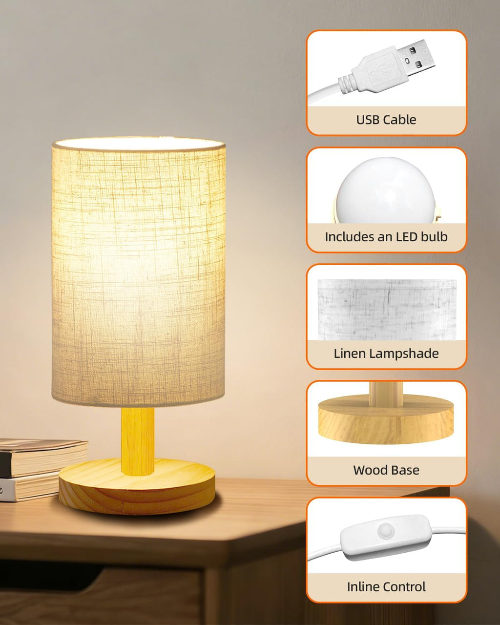 Wood‑Base Fabric Shade Bedside Lamp