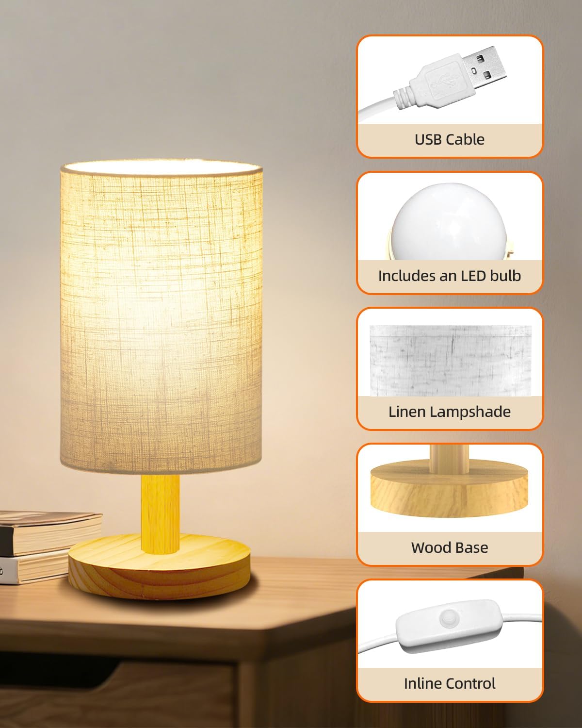 Wood‑Base Fabric Shade Bedside Lamp
