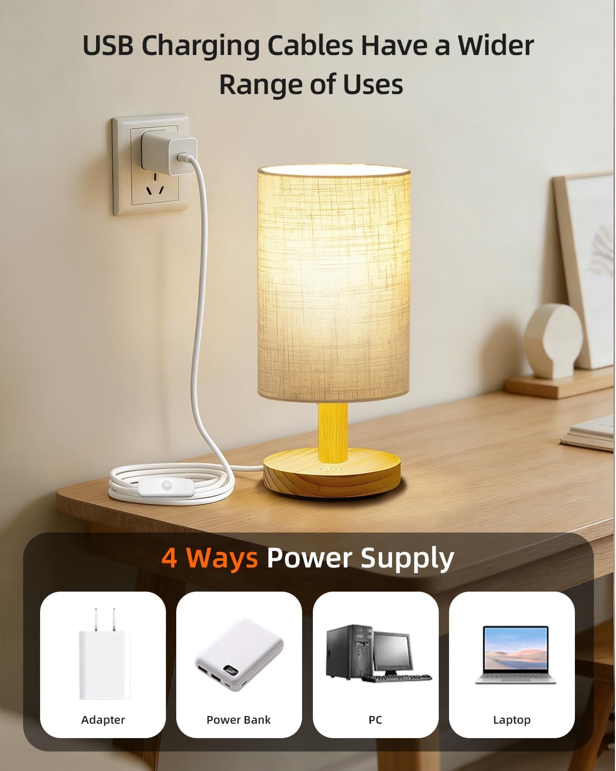 Wood‑Base Fabric Shade Bedside Lamp