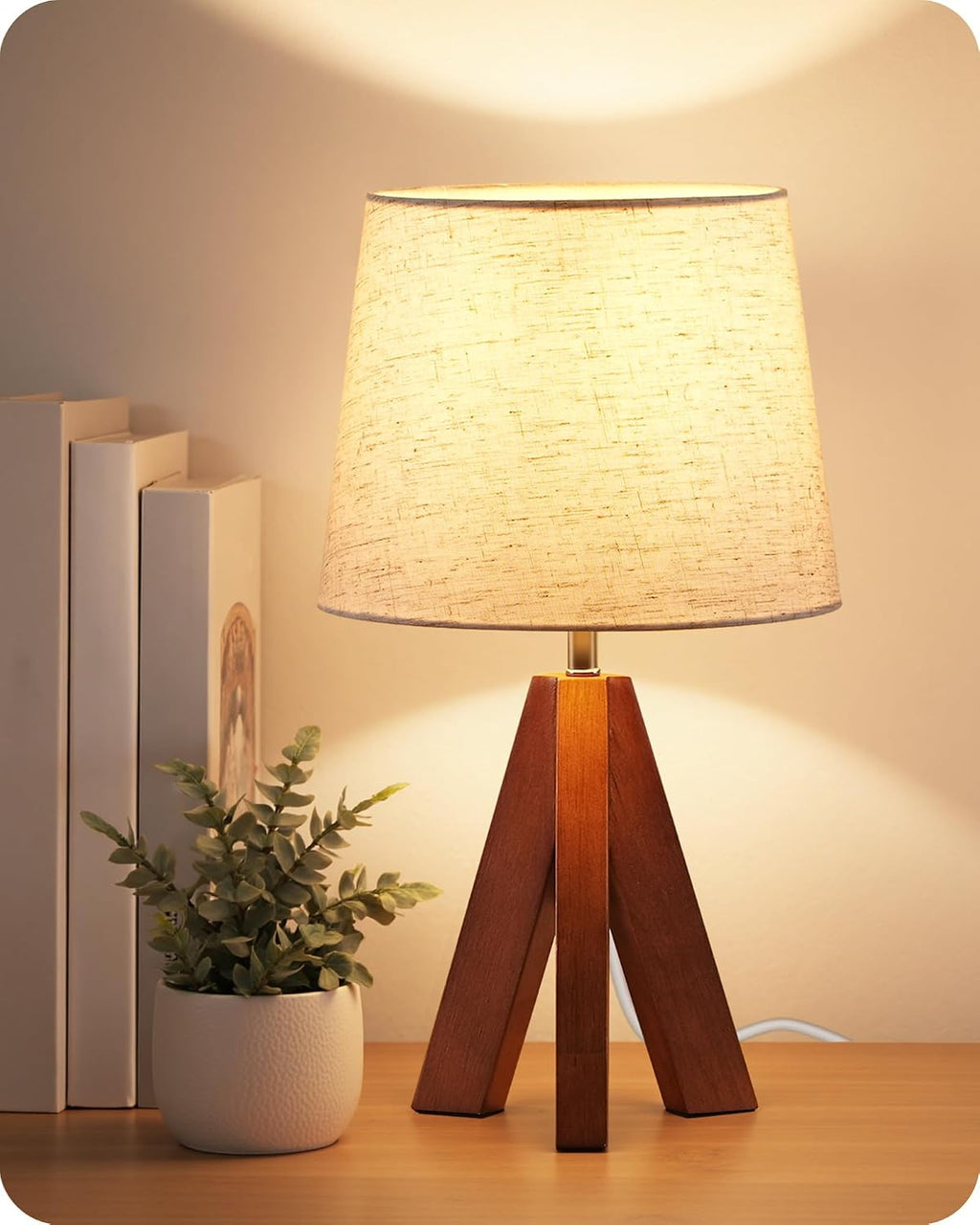 Wood Base Beige Linen Tripod Table Lamp