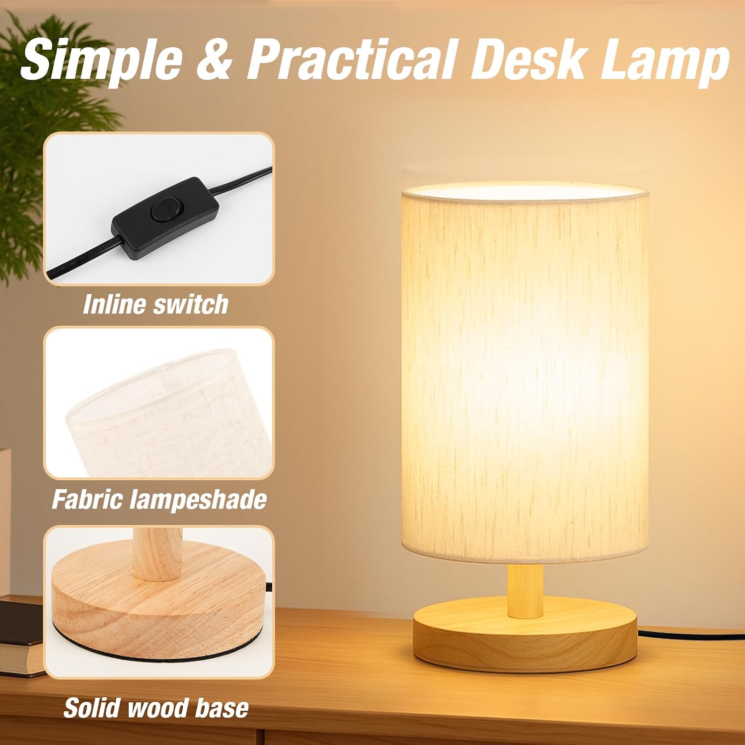 Wood Base Fabric Shade Bedside Lamp