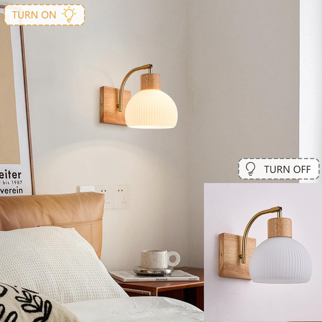 Nordic Wood Milk‑Glass Globe Wall Sconce