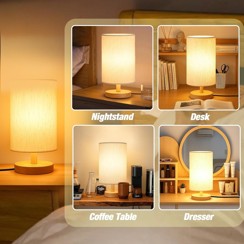Wood Base Fabric Shade Bedside Lamp