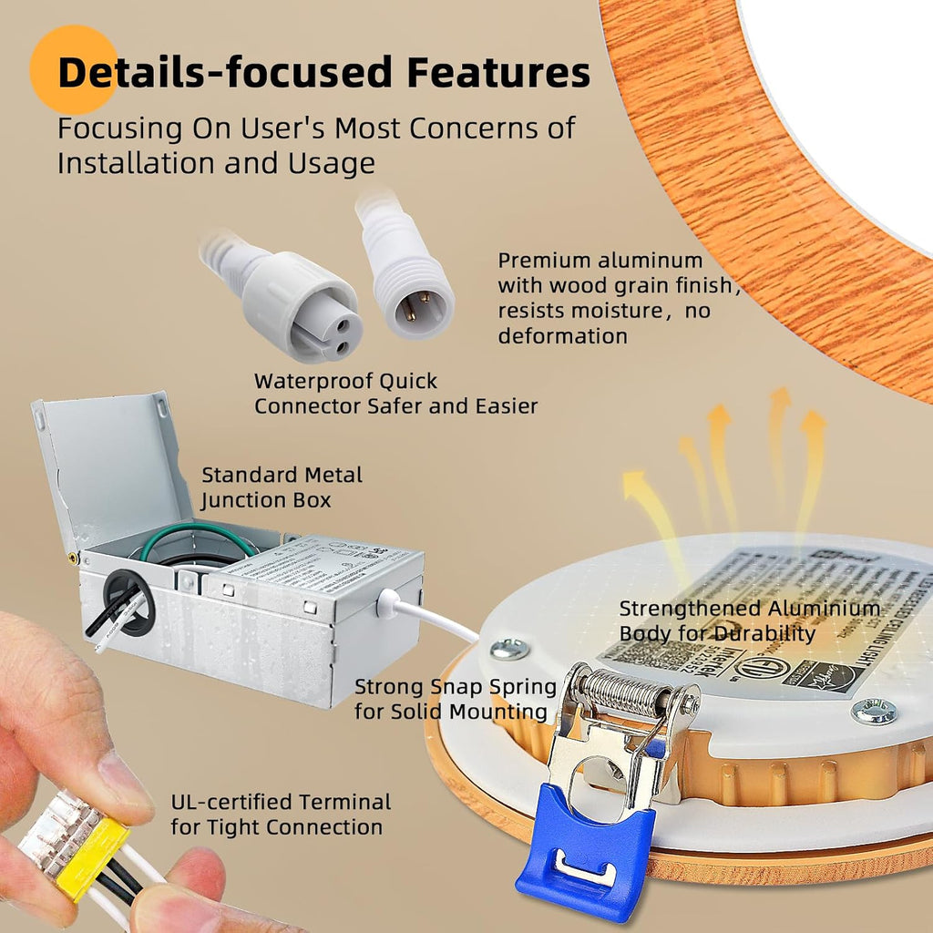 Wood Grain 5CCT Dimmable Recessed Lights