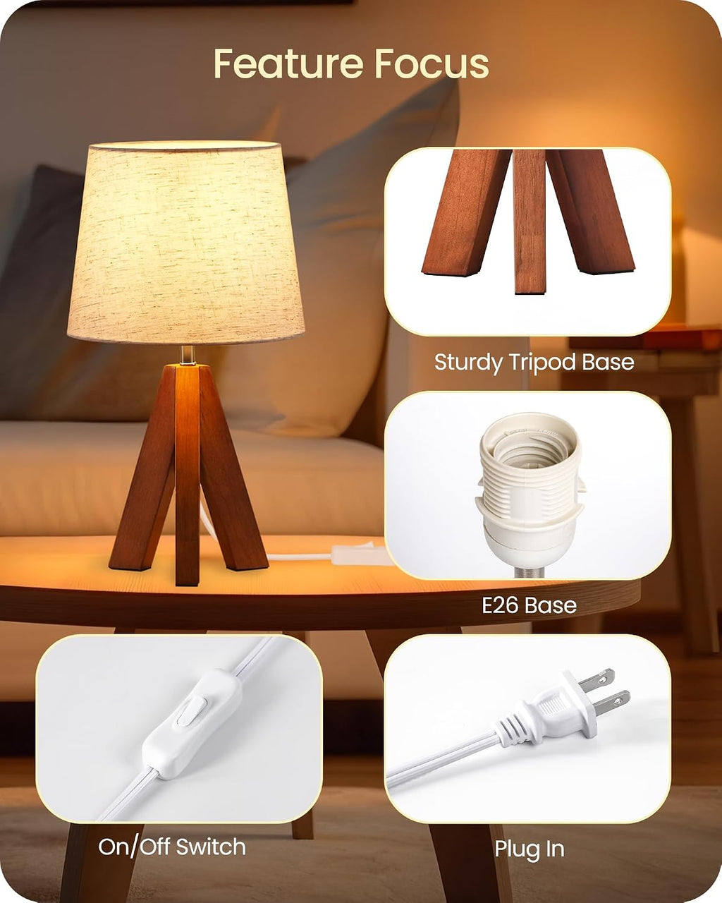 Wood Base Beige Linen Tripod Table Lamp