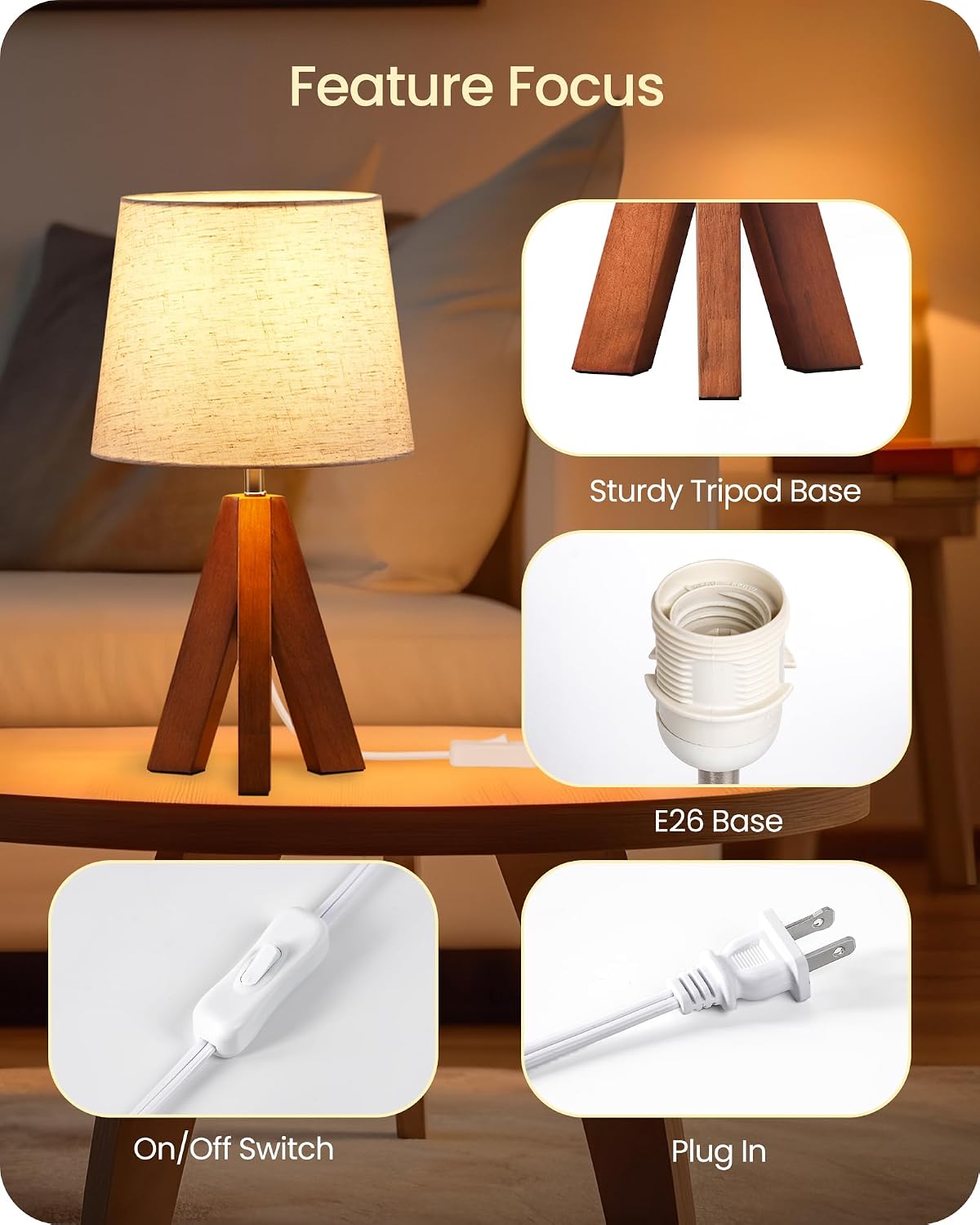 Wood Base Beige Linen Tripod Table Lamp